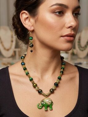 Artisan Green Tigers Eye & Vintage Glass Bead Elephant Pendant Necklace Set